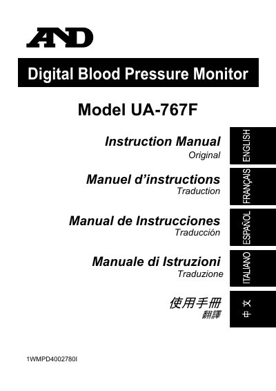 A&D UA-767F Digital Blood Pressure Monitor User Manual - cover page