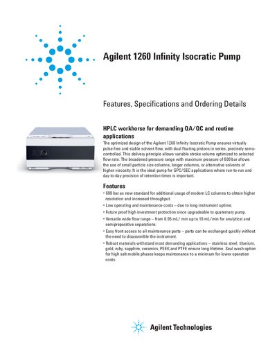 Agilent 1260 Infinity Isocratic Pump Features and Specifications - cover page