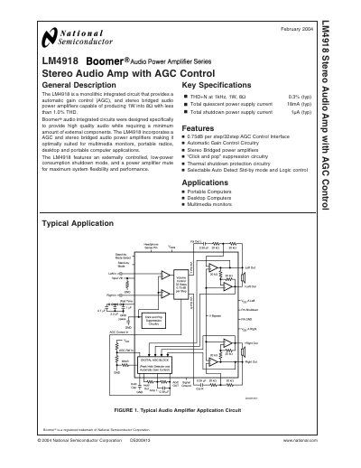 National Semiconductor LM4918 Stereo Audio Amp with AGC Control Datasheet - cover page