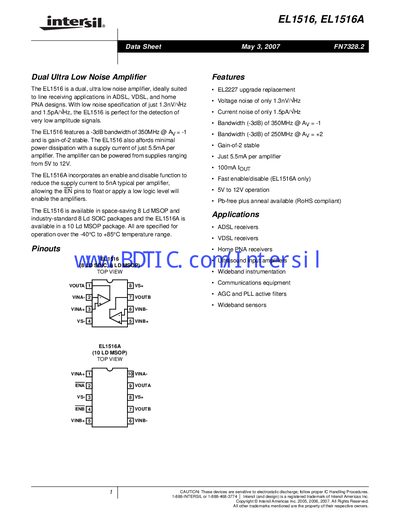 Intersil EL1516 Dual Ultra Low Noise Amplifier Datasheet - cover page