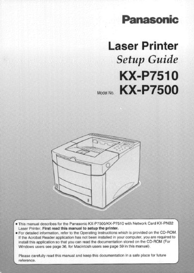 Panasonic KX-P7500/KX-P7510 Laser Printer Setup Guide - cover page