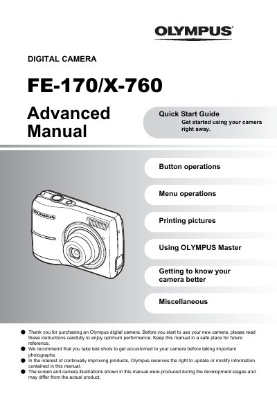 Olympus FE-170/X-760 Digital Camera Advanced Quick Start Guide - cover page