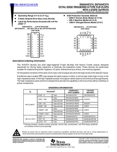 TEXAS INSTRUMENTS SN54AHC574 SN74AHC574 OCTAL EDGE-TRIGGERED D-TYPE FLIP-FLOPS WITH 3-STATE OUTPUTS handbook - cover page