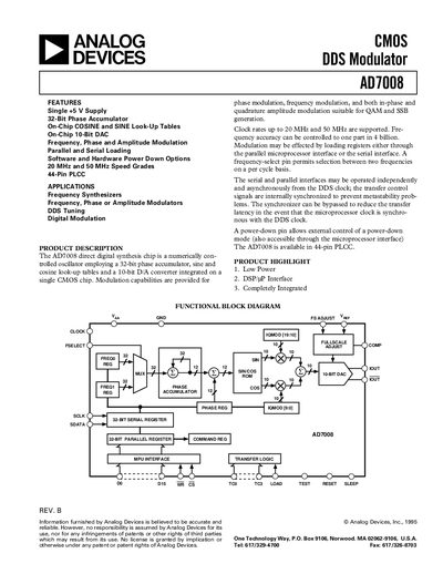 Analog Devices AD7008 CMOS DDS Modulator Datasheet - cover page