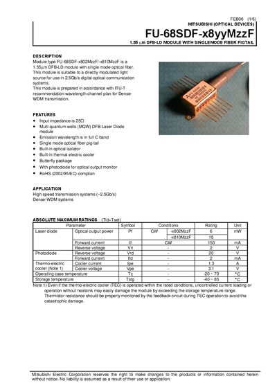 MITSUBISHI (OPTICAL DEVICES) FU-68SDF-x8yyMzzF 1.55 m DFB-LD MODULE WITH SINGLEMODE FIBER PIGTAIL - cover page