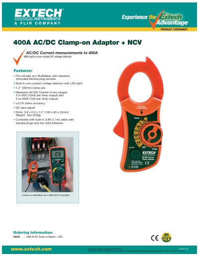 EXTECH CA250 AC/DC Clamp-on Adaptor + NCV Product Datasheet - cover page