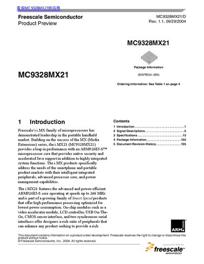 Freescale MC9328MX21 Microprocessor Product Preview Datasheet - cover page