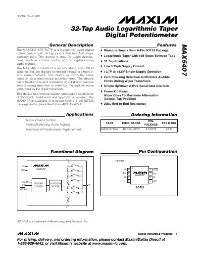 Maxim MAX5407 32‑Tap Audio Logarithmic Taper Digital Potentiometer Datasheet - cover page