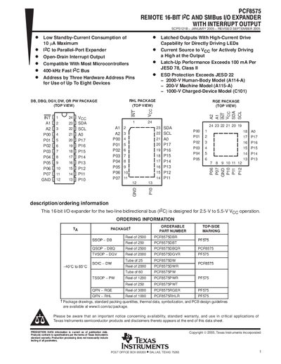 Texas Instruments PCF8575 I/O Expander Data Sheet - cover page