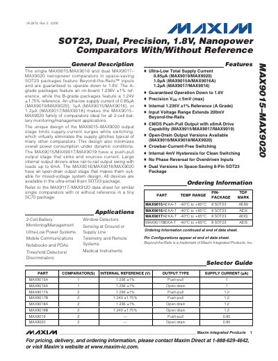 Maxim MAX9015–MAX9020 Nanopower Comparator Datasheet - cover page