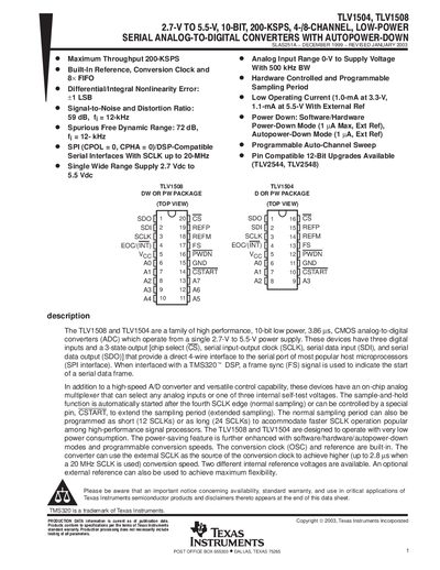 Texas Instruments TLV1504/TLV1508 Serial ADC Datasheet - cover page