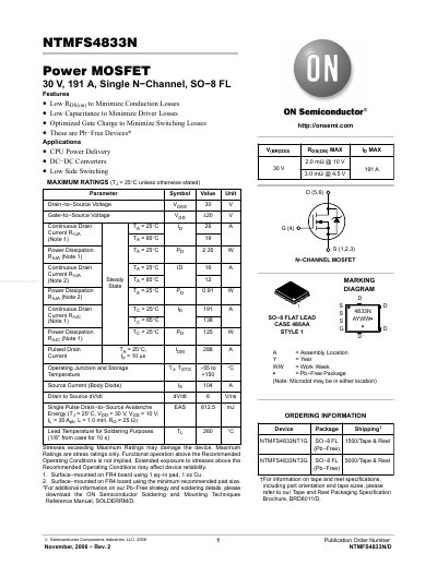 ON Semiconductor NTMFS4833N Power MOSFET Datasheet - cover page