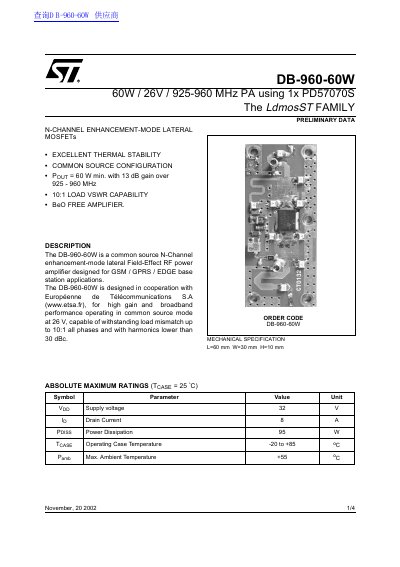 STMicroelectronics DB-960-60W RF Power Amplifier Preliminary Data - cover page