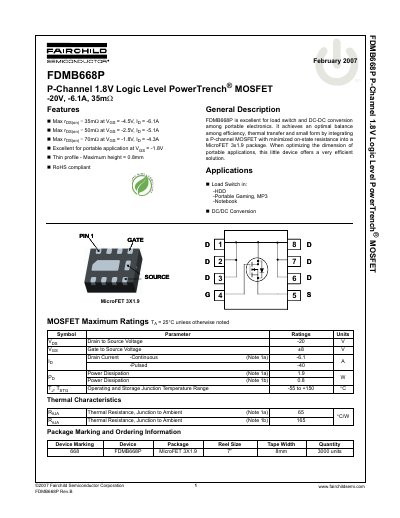 Fairchild FDMB668P P-Channel MOSFET Datasheet - cover page