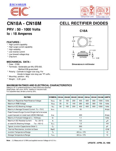 EIC CN18A - CN18M Cell Rectifier Diodes Datasheet - cover page