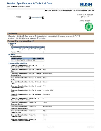 Belden 49725A Molded Cable Assembly Detailed Specifications & Technical Data - cover page