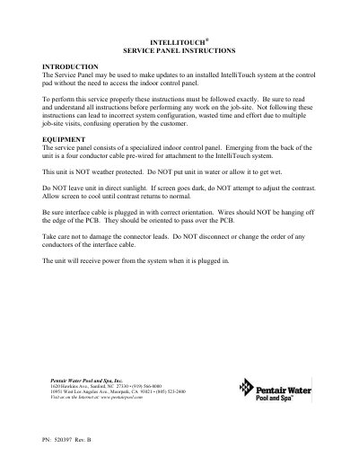 Pentair IntelliTouch Service Panel Instructions - cover page