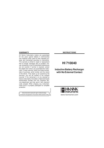 Hanna Instruments HI 710040 Inductive Battery Recharger Operational Guide - cover page