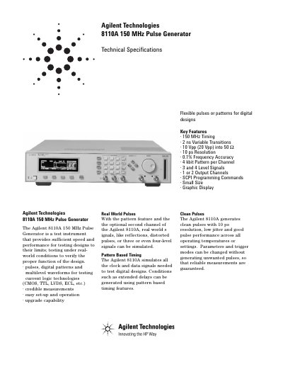 Agilent Technologies 8110A 150 MHz Pulse Generator Technical Specifications - cover page