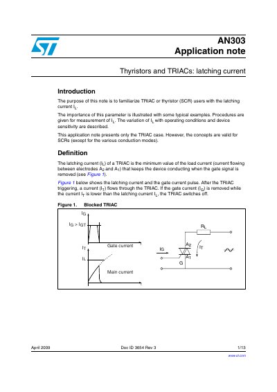 STMicroelectronics AN303 Thyristors and TRIACs Latching Current Application Note