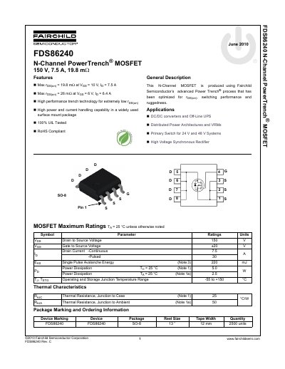 Fairchild FDS86240 N-Channel PowerTrench MOSFET Datasheet - cover page