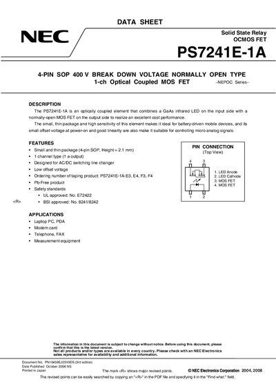 NEC PS7241E-1A Solid State Relay Datasheet - cover page