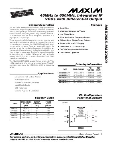 Maxim MAX2605–MAX2609 Integrated IF VCO Datasheet - cover page