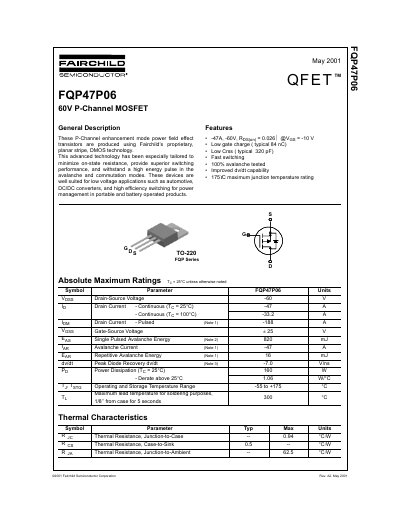 Fairchild Semiconductor FQP47P06 60V P-Channel MOSFET Datasheet - cover page
