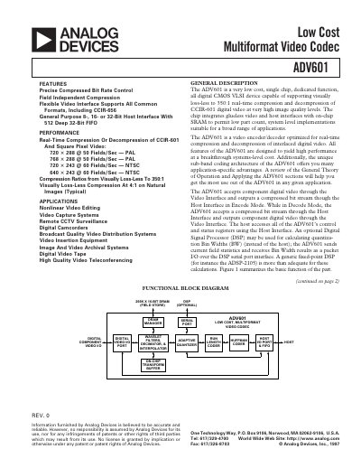 Analog Devices ADV601 Low Cost Multiformat Video Codec Data Sheet - cover page