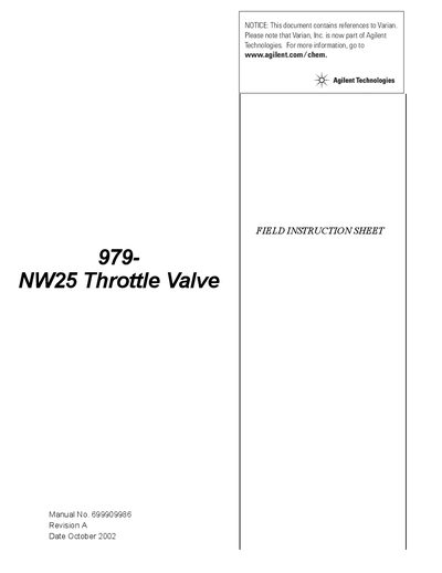 Agilent Technologies 979 Detector NW25 Throttle Valve Instruction Sheet - cover page