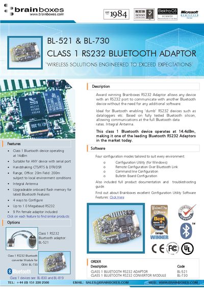 Brainboxes BL-521 / BL-730 Class 1 RS232 Bluetooth Adaptor Product Leaflet - cover page