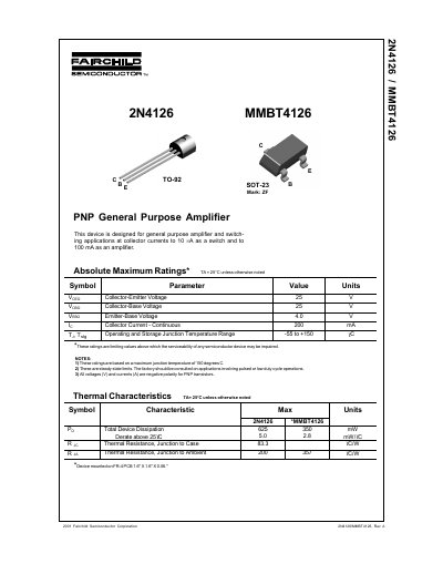 Fairchild 2N4126/MMBT4126 PNP General Purpose Amplifier Datasheet - cover page