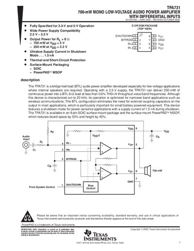 Texas Instruments TPA731 Audio Power Amplifier Datasheet - cover page