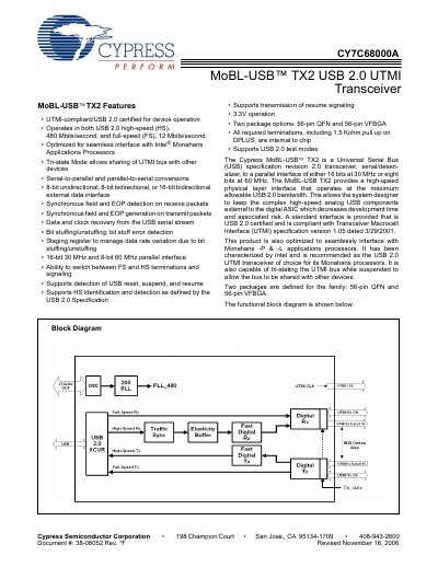 Cypress CY7C68000A USB 2.0 Transceiver Handbook - cover page
