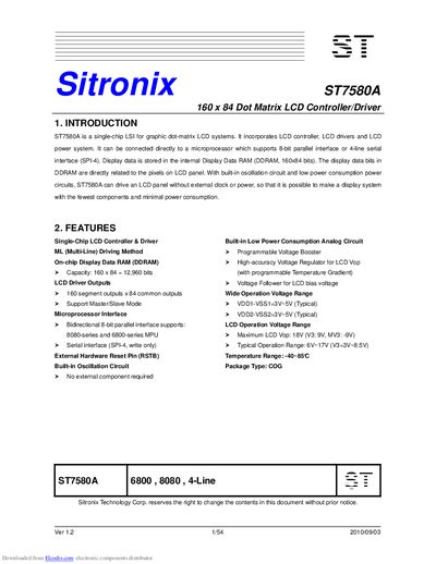 Sitronix ST7580A 160 x 84 Dot Matrix LCD Controller/Driver Datasheet - cover page