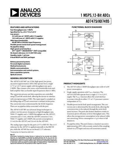 Analog Devices AD7475/AD7495 Datasheet - cover page
