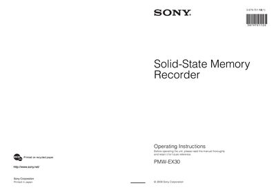 Sony PMW-EX30 Solid-State Memory Recorder User Manual - cover page