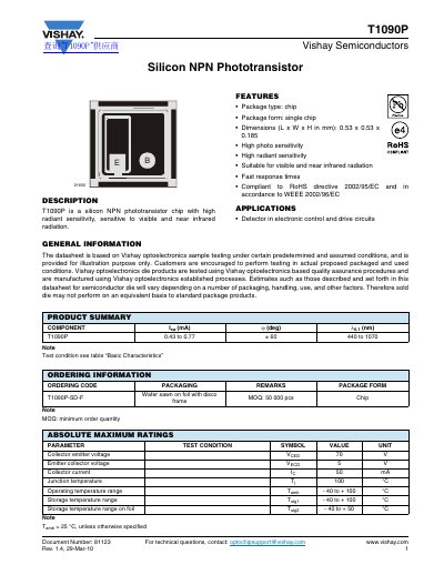 Vishay T1090P Phototransistor Datasheet - cover page