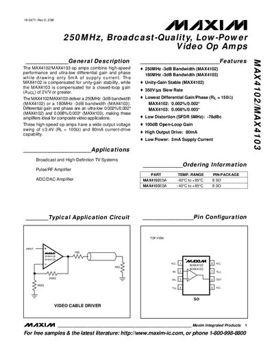 Maxim MAX4102/MAX4103 Video Op Amp Datasheet - cover page