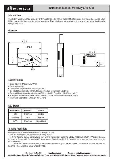 FrSky XSR-SIM Wireless USB Dongle Instruction Manual - cover page