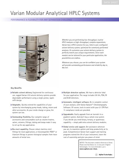 Varian 210 Modular Analytical HPLC Systems Data Sheet - cover page