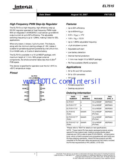 Intersil EL7515 High Frequency PWM Step‑Up Regulator Datasheet - cover page