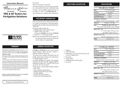 Hanna Instruments HI 981409/981410 TDS & EC Testers Instruction Manual - cover page