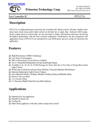 Princeton Technology PT2127A Fan Controller IC Datasheet - cover page