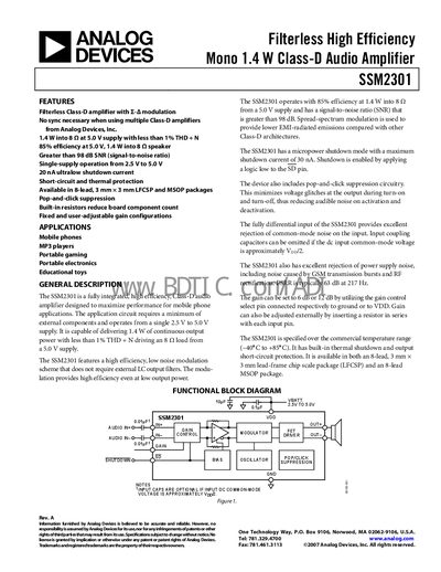 Analog Devices SSM2301 Audio Amplifier Datasheet - cover page