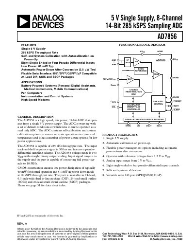 Analog Devices AD7856 14‑Bit ADC Datasheet - cover page
