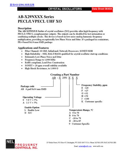 NELSON AB-X29NXXX Series PECL/LVPECL UHF XO Datasheet - cover page