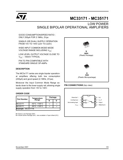 STMicroelectronics MC33171/MC35171 Low Power Single Bipolar Operational Amplifiers Datasheet - cover page