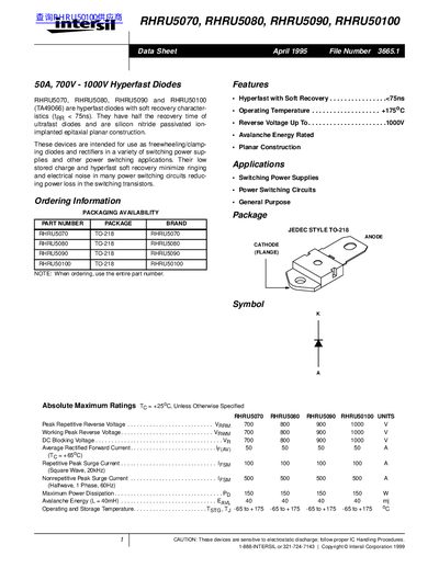 intersil RHRU5070 RHRU5080 RHRU5090 RHRU50100 Data Sheet - cover page