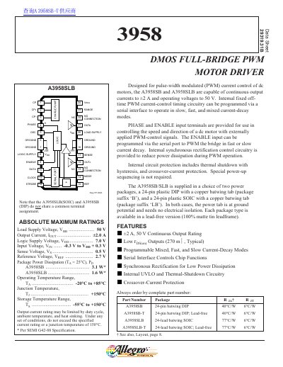 Allegro Microsystems A3958SB/SLB DMOS Full-Bridge PWM Motor Driver Datasheet